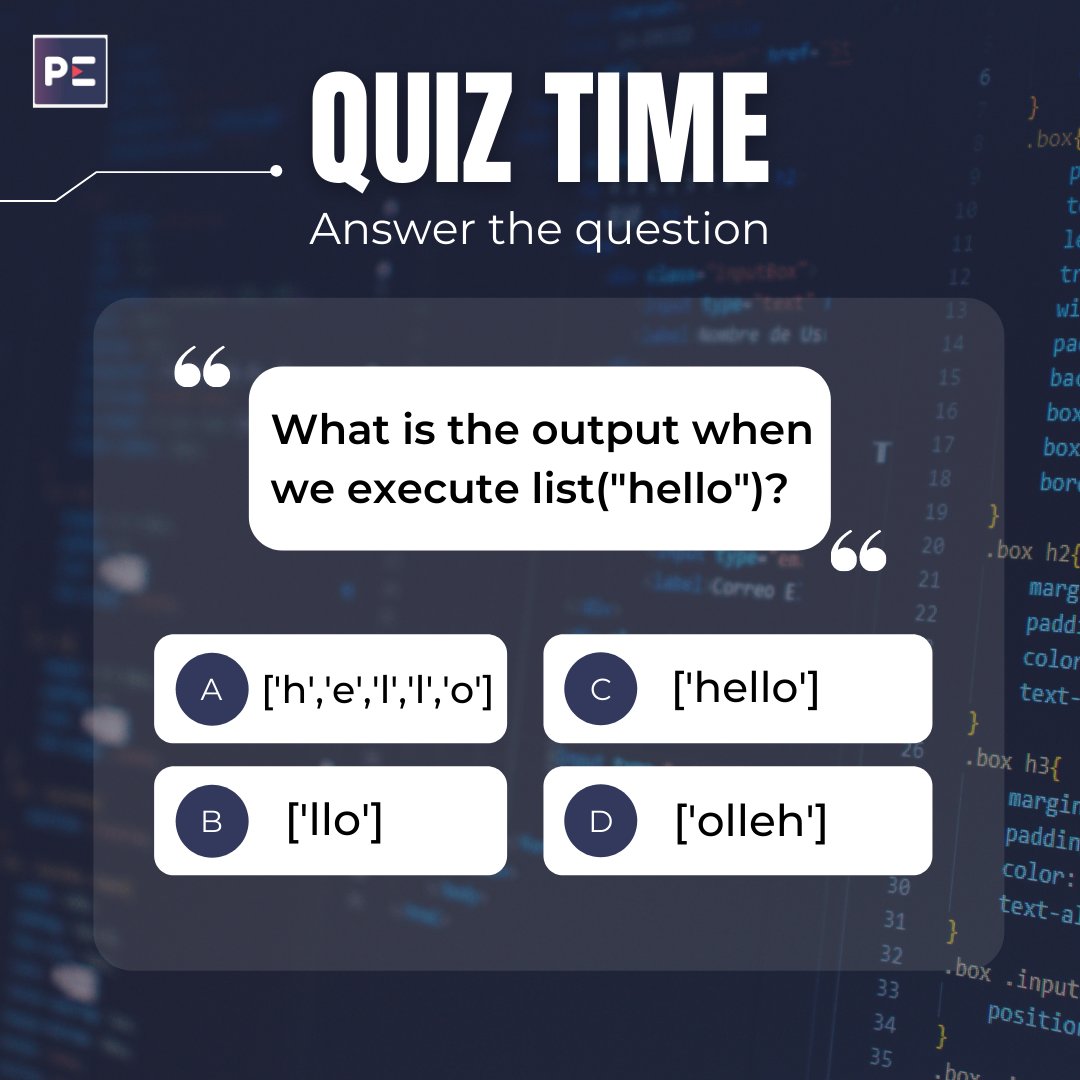 Perfectelearn's tweet photo. Here comes the 3rd question of the "QUIZ WEEK."
Drop your answers in the comment section 👇👇👇
#Pythonquiz #Pythonprogrammingquiz #pythonprogramming #Pythonlearning #Pythoncourses #PythonvsJava
#PerfecteLearning https://t.co/IOvo8sspg4