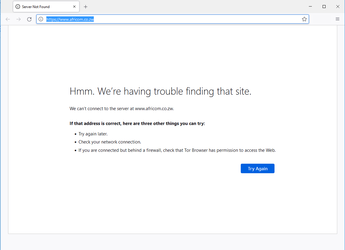 PacheduZW's tweet photo. Africom's website https://t.co/dlKydDcWF9 is still down 4 days after being taken down due to the porn fiasco.

How competent is Africom to manage ZEC's ICT when they take ages to restore their own business website?

An IT audit should be done at ZEC.

@ZECzim https://t.co/xAQgXQKsqI