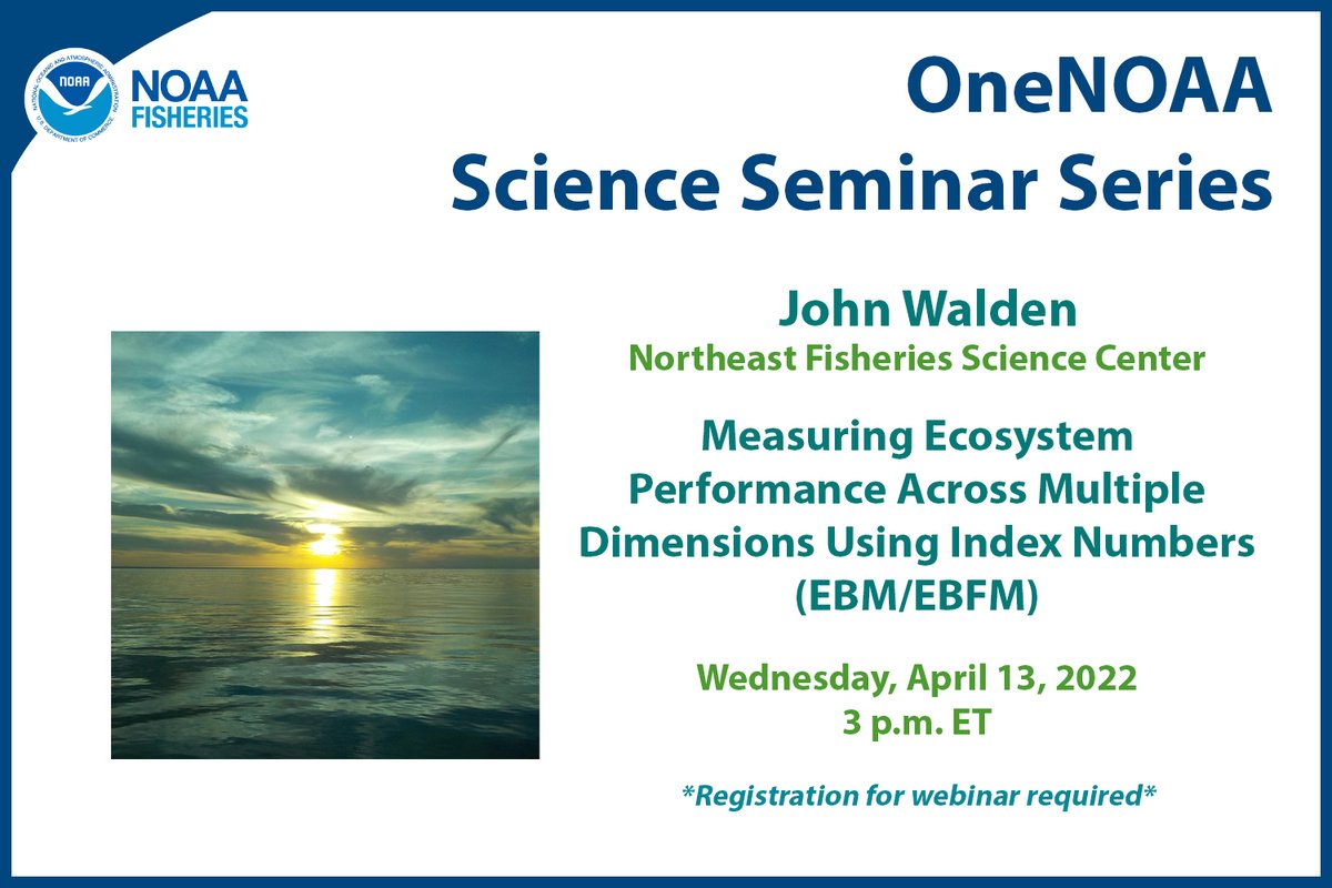NOAAFish_NEFSC's tweet photo. Starts in 30mins! Tune in at 3pm ET for John Walden’s #OneNOAA webinar on measuring ecosystem performance across multiple dimensions using index numbers.
Registration req’d. Info: https://t.co/1RLr5iSINc. #EBFM #Fisheries #DataEnvelopmentAnalysis #NEFSCScience https://t.co/oFDh1ksC6k