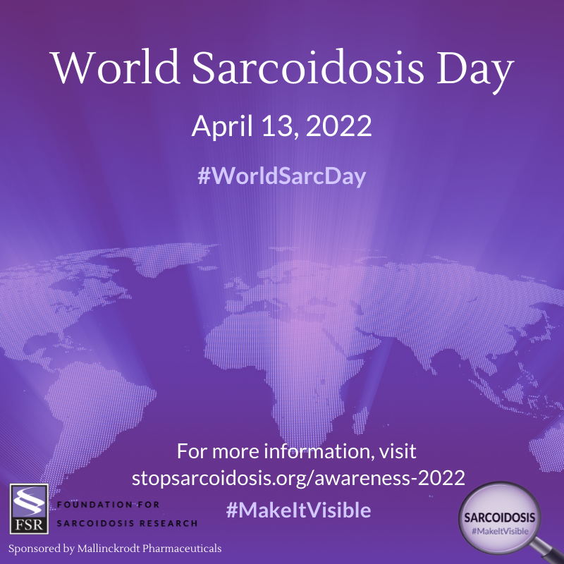 StopSarcoidosis's tweet photo. TODAY, April 13, 2022 is #WorldSarcDay! 💜

Join FSR in wearing purple, the internationally recognized color of #sarcoidosis, and donate $11.20 to represent the 1,2 mil people living with sarcoidosis around the world.

Donate: https://t.co/ozcHZMsRqW 

 #sarcoidosisawareness https://t.co/S5Z2kdWJgY
