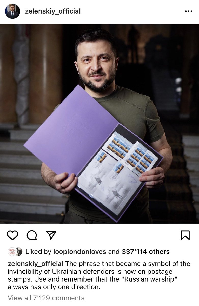 NTarnopolsky's tweet photo. Zelensky displays Ukrainian stamps commemorating the Snake Island standoff: "Russian warship, go fuck yourself." https://t.co/iefsWUvqkf