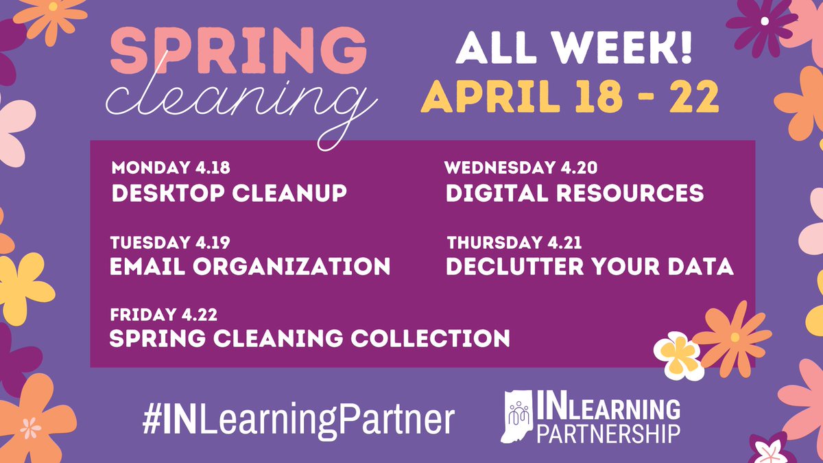 INLearningLab's tweet image. Do you need help organizing your digital clutter? Join the #INLearningPartnership for a week of Spring Cleaning April 18-22! We’ll be sharing short videos and resources each day to help you clean up! 🧹   

Want the tips sent to your inbox? Sign up at forms.gle/fqgUaasyVFfDZ5…