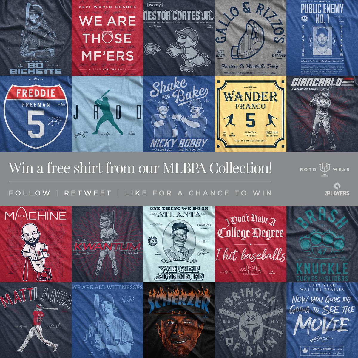 FREE 👕 GIVEAWAY!

✅ FOLLOW
🔄 RETWEET
❤️ LIKE

For a chance to win a free shirt from our MLBPA collection!

rotowear.com/collections/ml…

⏳ Winner announced 4/18