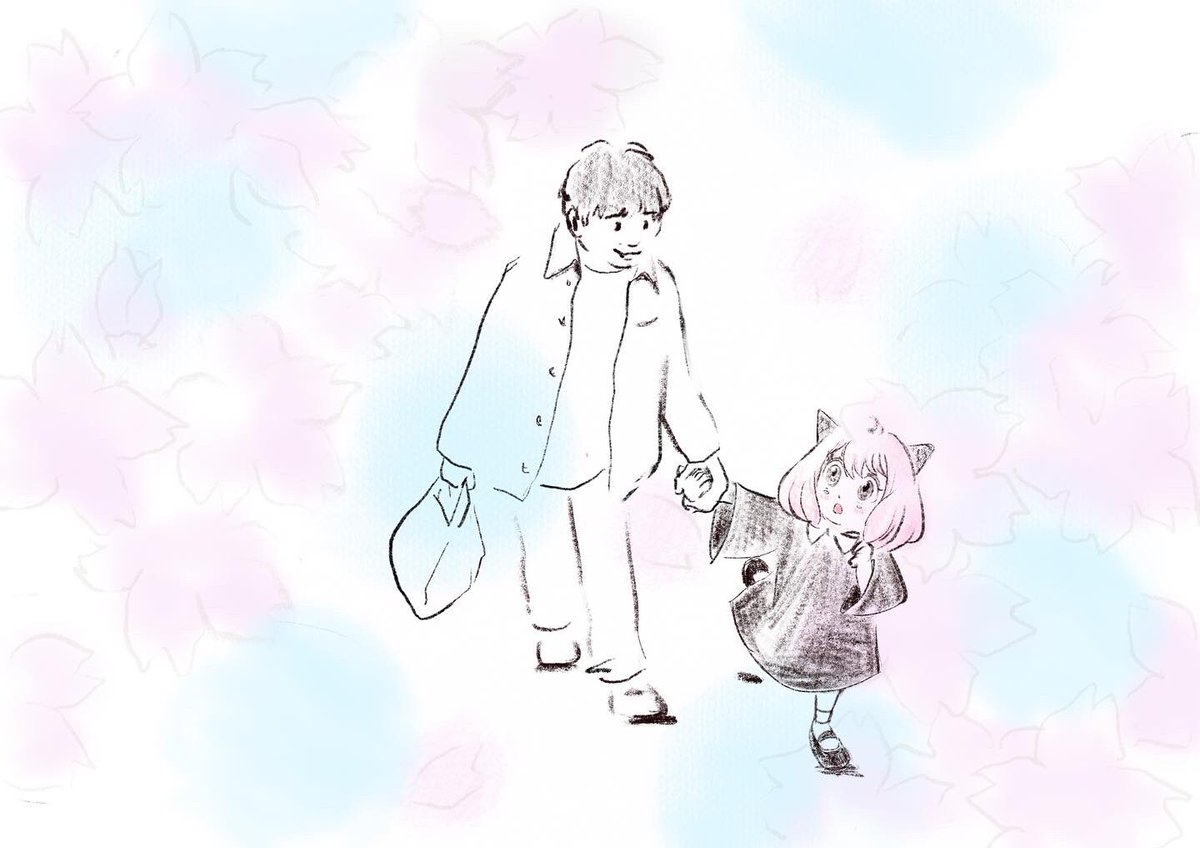 anya (spy x family) 1boy 1girl holding hands pink hair female child holding bag hairpods  illustration images