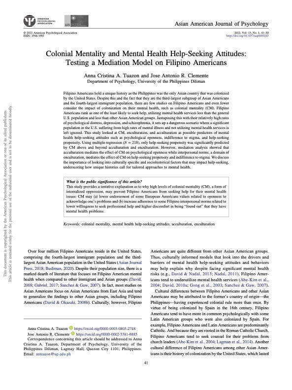 Dahil sabi nga ni <a href="/AskDocAnna/">Anna</a>, share mo na 'yan, happy to share with you a paper we worked on together nung Alert Level 10,000 pa tayo on colonial mentality and mental health help-seeking attitudes of Fil-Ams! Thanks Doc Anna for the opportunity! (1/4)