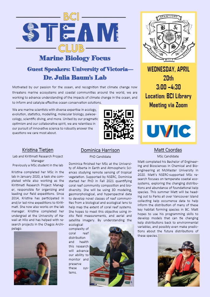 Learn more about how Marine Biology is tackling and affected by climate change next Wednesday in the BCI Library! Check out the poster for details.
