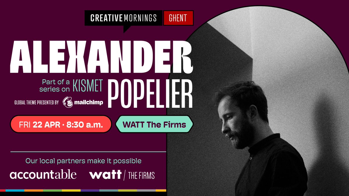 📣 Hello Ghent! Come see the very talented photographer Alexander Popelier talk about #CMkismet and creative instinct. Join us at @WATT_The_Firms next Fri, 22 April. Save your seat at buff.ly/3M15OEP Thanks to @Accountable_EU for the support! #CreativeMornings #CMGnt