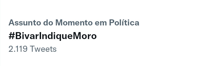 Olha nossa TAG aí nos assuntos do momento. Vamos pressionar o @uniaobrasil44 Só assim @SF_Moro tem condições de sair como cabeça de chapa. O jogo está sendo jogado. Não vamos desistir nem desanimar, muito pelo contrário. #BivarIndiqueMoro