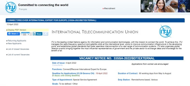 ITUEurope's tweet photo. 📣 #jobopportunity: @ITUDevelopment is looking for an #ICTexpert in the #Europe to carry out #Connect2Recover assessments, supporting countries to reinforce their digital infrastructure &amp; ecosystems in the aftermath of COVID-19. 

HOW to APPLY => https://t.co/CVMHgp7NyW https://t.co/5vZsIX8zZM