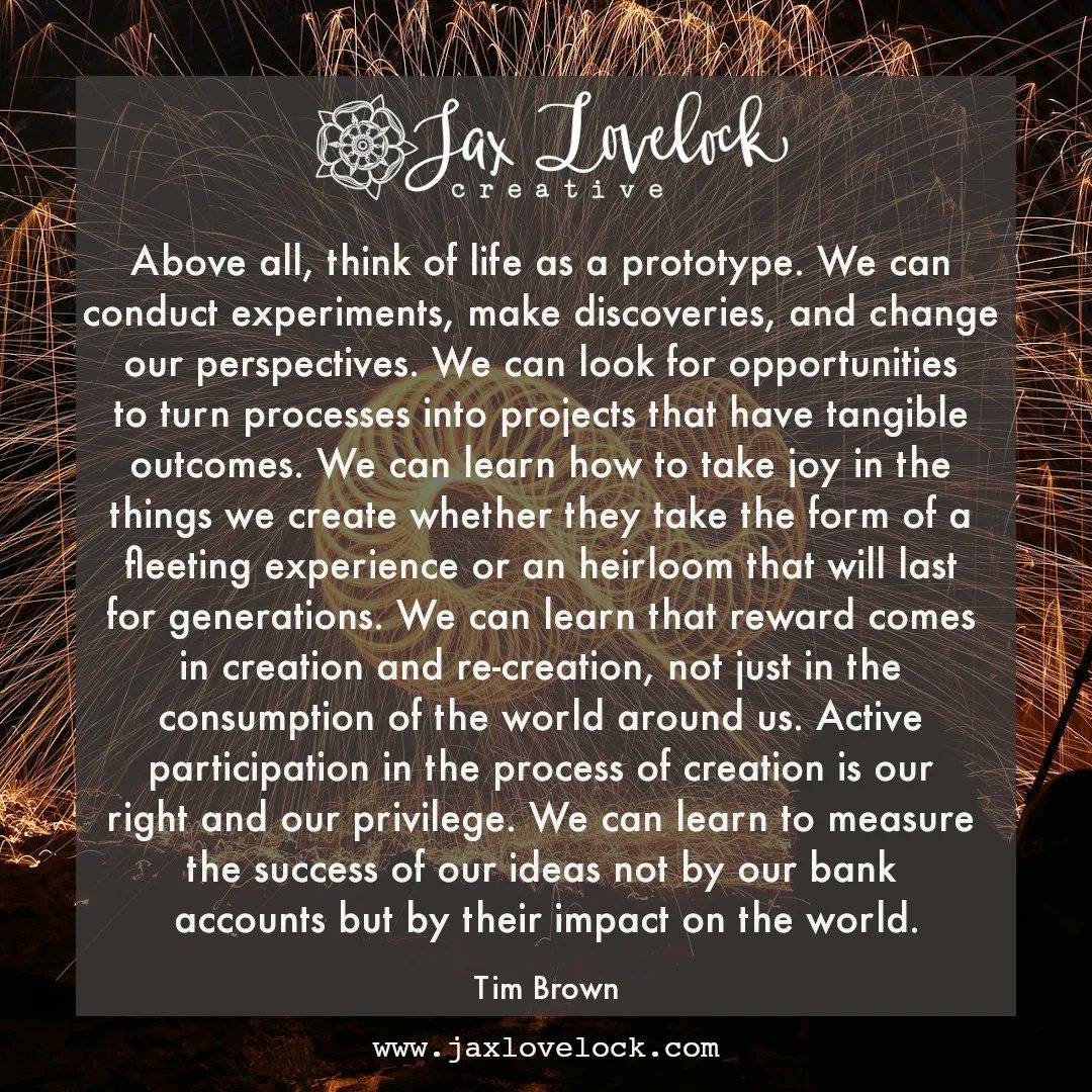 “Above all, think of life as a prototype. We can conduct experiments, make discoveries, and..."

Building the Conditions for Creative Change
jaxlovelock.com/contact-jax-lo…

#creativeempowerment #creativestory #creativeclarity #creativesolutions #imagination #cultivatingcreativity