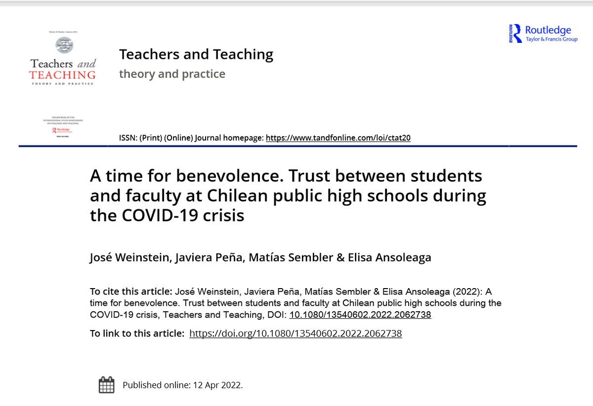 JoseWeinstein's tweet photo. ¡Feliz con este artículo👇 que nos publicaron en Teachers and Teaching! Mostramos cómo se ha transformado la confianza de los estudiantes de liceos públicos en sus docentes durante la pandemia. https://t.co/EN1HELrvPa