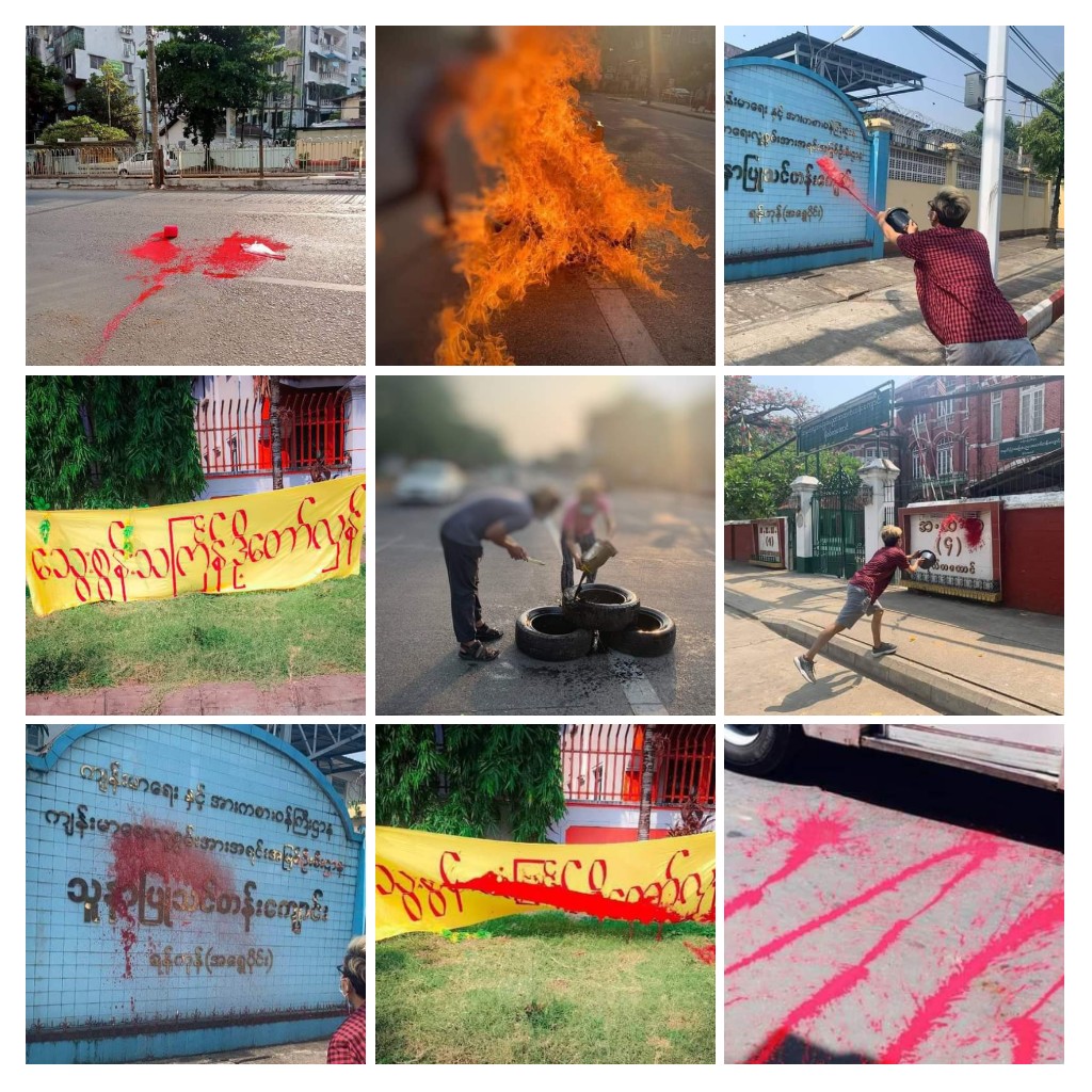 AlexMyanmar13's tweet photo. “The city is still red with the blood of martyrs and revolutionary flames are still burning”

#RevolutionaryThingyan movements against the military regime by Yangon strike forces on the 1st day of Thingyan, April 13.

#2022Apr13Coup
#WhatsHappeningInMyanmar https://t.co/TDBVoS6HtG