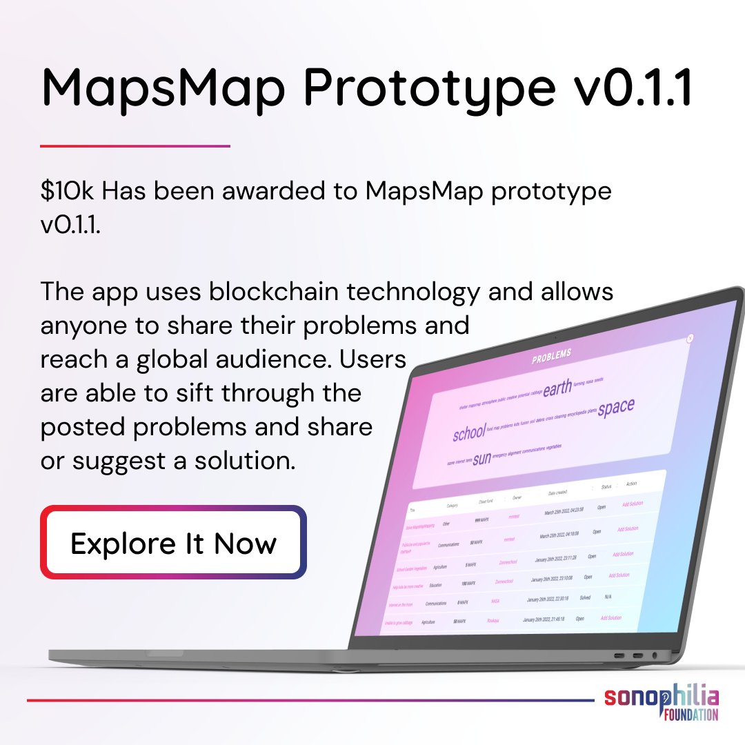 TheSonophilian's tweet photo. We're excited to announce another winner in the MapsMap Challenge!

$10k was awarded to the MapsMap prototype v0.1.1 for their blockchain solution to connecting problems and solutions.

https://t.co/xClRmNgzxR https://t.co/Ll7bUcUG00