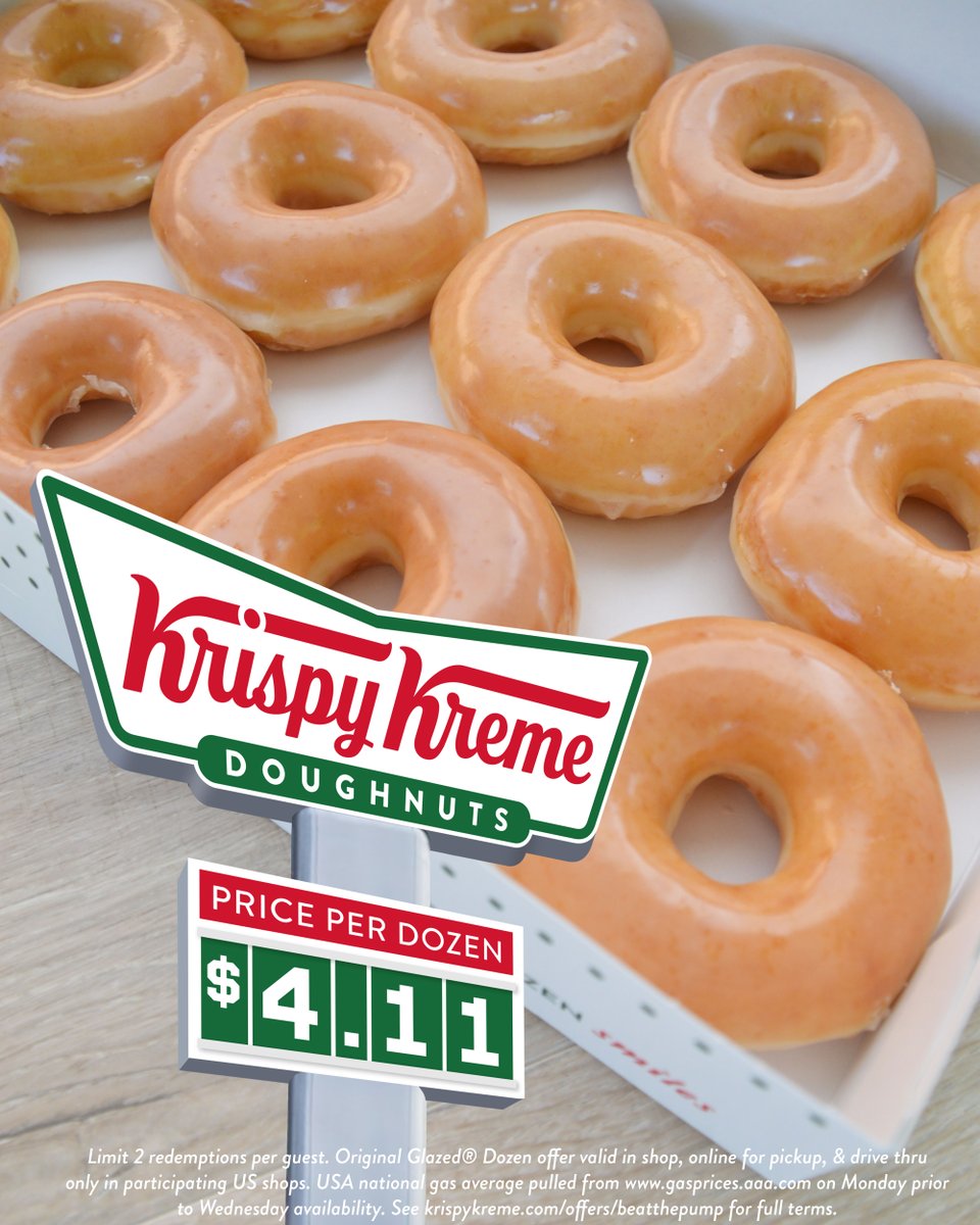 TODAY—We're here to help sweeten your week &amp; take the edge off rising costs at the pump! Enjoy an Original Glazed dozen at the national avg $ of a gallon of gas ⛽ TODAY &amp; every Wed. until 5/4! While supplies last at participating US shops only. Details - ms.spr.ly/6010w0GEm