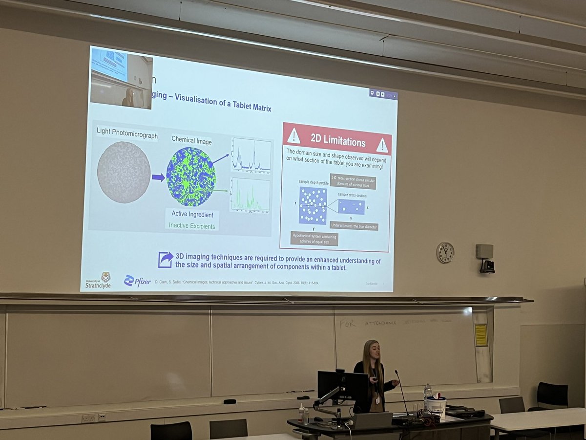FauldsKaren's tweet photo. Last @nanometchem speaker is a Hannah Carruthers  talking in the @IRDG_tweets Martin and Willis prize symposium talking about her lovely work on 3D imaging of pharmaceutical tablets #SpringScix2022 https://t.co/9eTGgTkZ4W