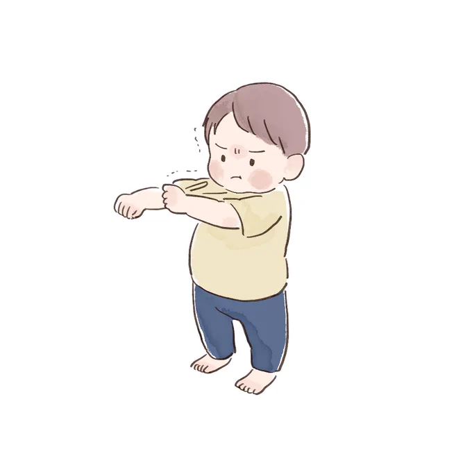 すごい久しぶりに半袖を着せたら「なんかこれ…布足りなくないですか!?😠」って顔で引っ張ってた
#育児絵日記 #育児イラスト 