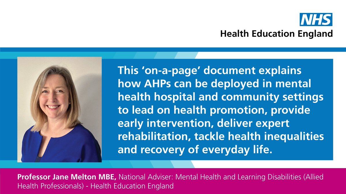 A new resource explaining what Allied Health Professionals offer to mental health services is now available 👉orlo.uk/Kwf1G <a href="/BeverleyHarden/">Beverley Harden FCSP</a> <a href="/ProfJaneMelton/">Jane Melton MBE FRCOT</a> @NWSDU
#AHPs #CAHPO