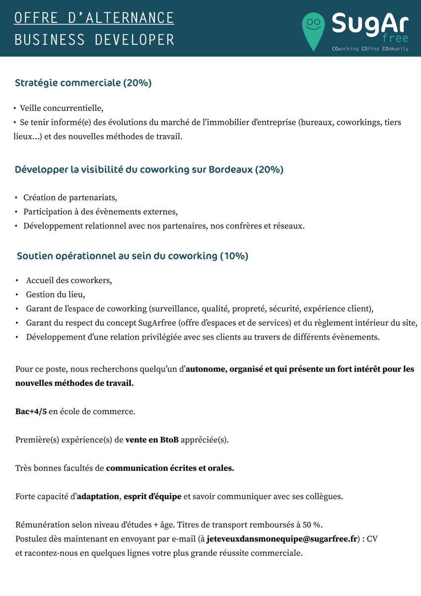 sugarfreecowork's tweet photo. 📣Offre d'alternance📣

🚀Objectif: participer activement au développement commercial de l'espace (stratégie, prospection...)

🔎La perle rare: adaptable, team player, autonome, communicant. 

Pour postuler: jeteveuxdansmonequipe@sugarfree.fr

#Recrutement https://t.co/Dqfi5gBxRQ