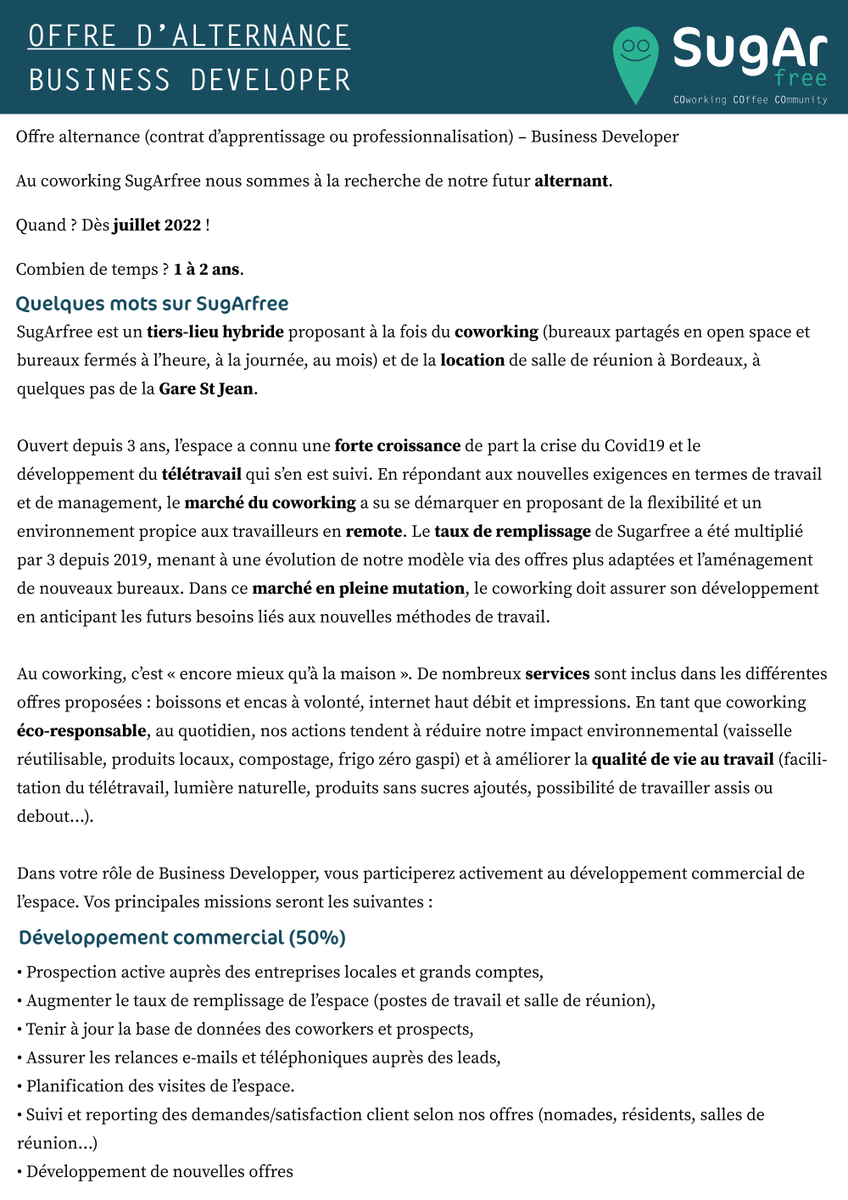 sugarfreecowork's tweet photo. 📣Offre d'alternance📣

🚀Objectif: participer activement au développement commercial de l'espace (stratégie, prospection...)

🔎La perle rare: adaptable, team player, autonome, communicant. 

Pour postuler: jeteveuxdansmonequipe@sugarfree.fr

#Recrutement https://t.co/Dqfi5gBxRQ