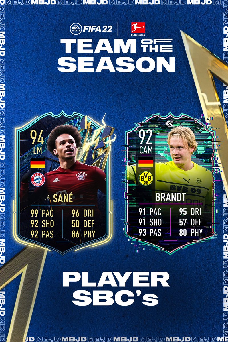 MBJDesigns's tweet photo. #FIFA22 Bundesliga Team Of The Season Prediction ⚡️

FT. 98 Lewandowski 🇵🇱 96 Nkunku 🇫🇷 95 Haaland 🇳🇴

Wich players would you like to see the most? 🤔

#FUT22 #TOTS #MBJDesigns https://t.co/OV5kN7tIkT