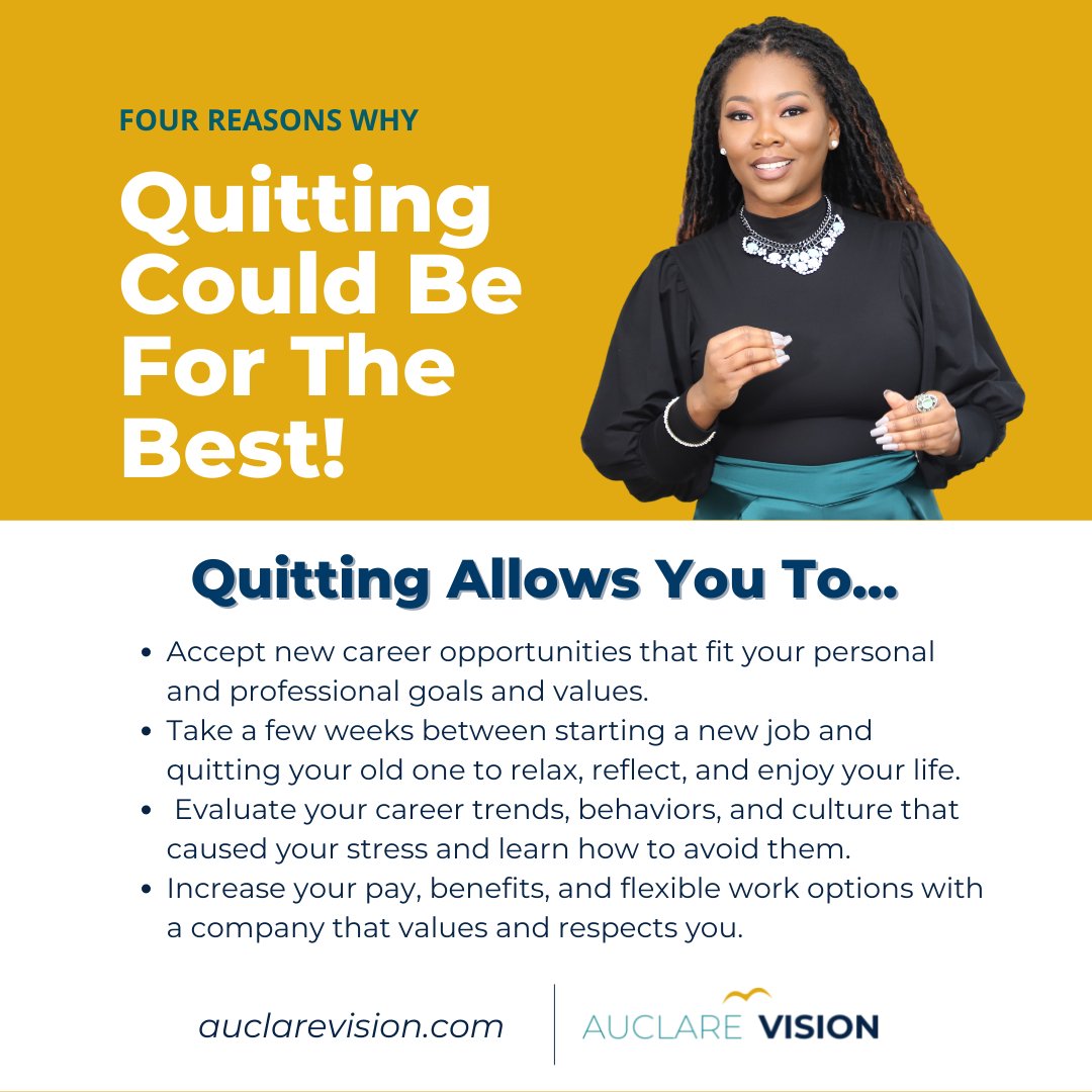 AuclareVision's tweet photo. "Should I quit my job or stick it out?" If this crosses your mind, we want to give you some positive things to think about if you do decide to quit. 

Quitting can be positive and better for you in the long run. Learn about our Job Search Intensives: https://t.co/CQaFBLuVmJ https://t.co/S95eZEJQrI