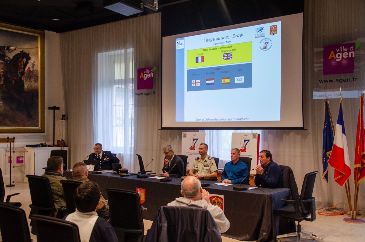 48eRT_CDC's tweet photo. CHAMPIONNAT DU MONDE MILITAIRE DE RUGBY À 7 des 18 et 19 juin 2022 : tirage au sort des poules ce matin, à @villeagen, en présence de monsieur le maire, du LCL CHABANAS, commandant en second du #48rt, de Philippe @SELLA, du CNSD et de la FFR. C’est parti !! https://t.co/6ltMxtIBC2