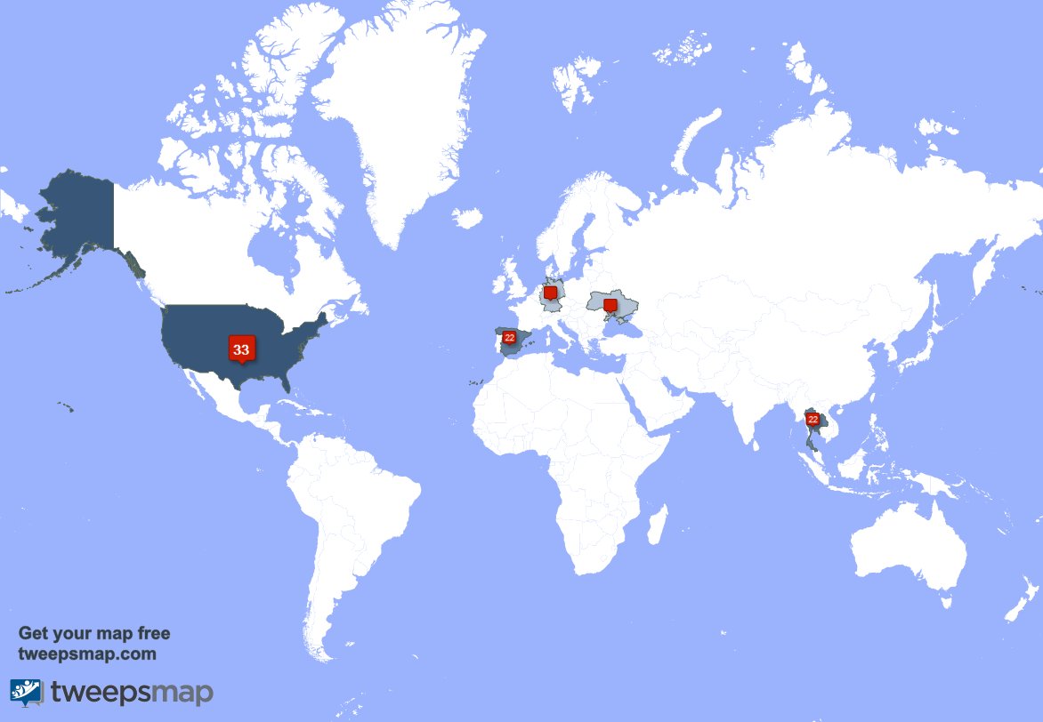 My followers live in: US (35%), Spain (22%), Thailand (22%) &amp; more.. tweepsmap.com/!waxo0x