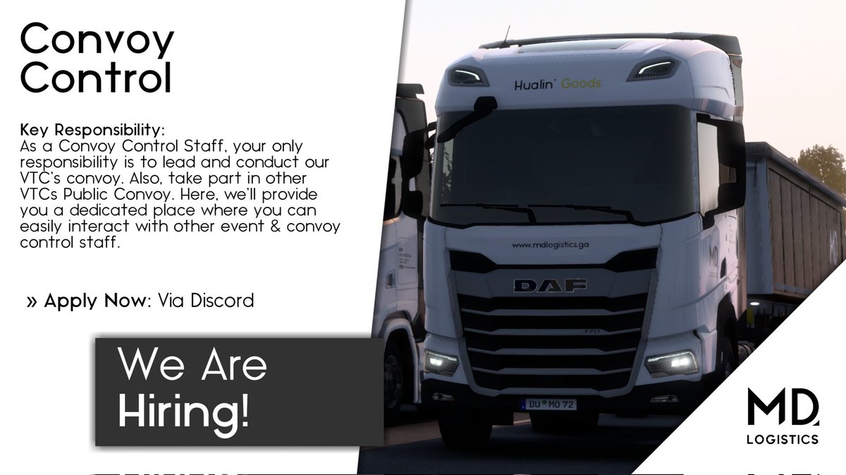 MD_Inc_'s tweet photo. Hey guys, we're happy to say that we're recruiting more people for our event and convoy control team, come and check us out! 🚛📆

» Learn More: https://t.co/IikhoVBYyJ

#EuroTruckSimulator2 #recruiting #careers #AmericanTruckSimulaor #Event #ConvoyControl https://t.co/aXt4loW0b0
