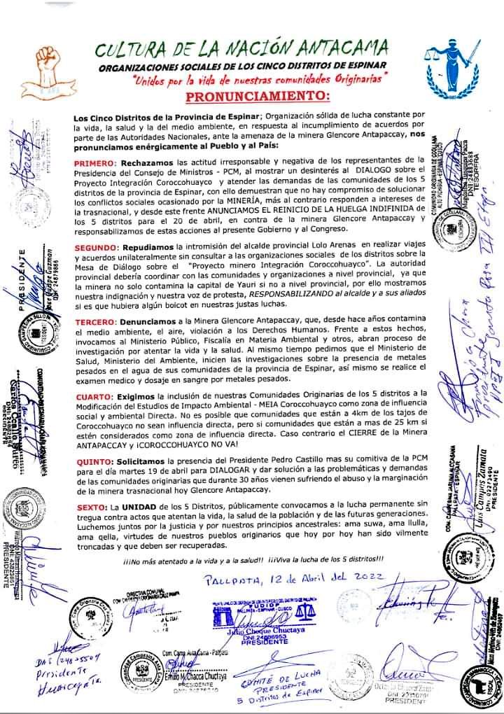 #Espinar #Cusco anuncia huelga indefinida para 20 abril, contra empresa Glencore Antapaccay y gobierno, se responsabiliza no solucionar problemas de contaminación ambiental, y vulneración de derechos. Exigen presencia del Pdte y <a href="/pcmperu/">Consejo de Ministros</a> <a href="/MinemPeru/">Ministerio de Energía y Minas</a>