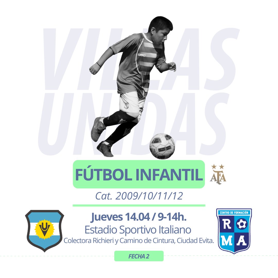 📅SEGUNDA FECHA DEL CAMPEONATO. Mañana, jueves 14 de abril, vuelven a las canchas nuestras infantiles de varones de las categorías 2009/10/11/12.
¡Vamos los pibes!

#VillasUnidas
#DesdeElPie
#FutbolInfantil