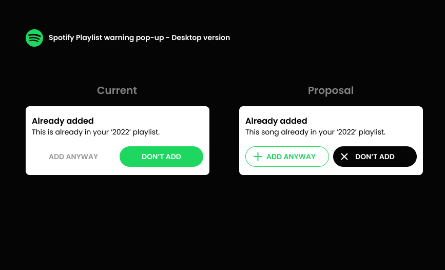 rvignesh297's tweet image. Decided to fix daily UX problem.
Don&apos;t know why I didn&apos;t like current design of spotify warning pop-up. I always choosing &quot;add anyway&quot; instead of &quot;Don&apos;t add&quot;.
What you thinking UX people?

@Spotify #uiuxdesign