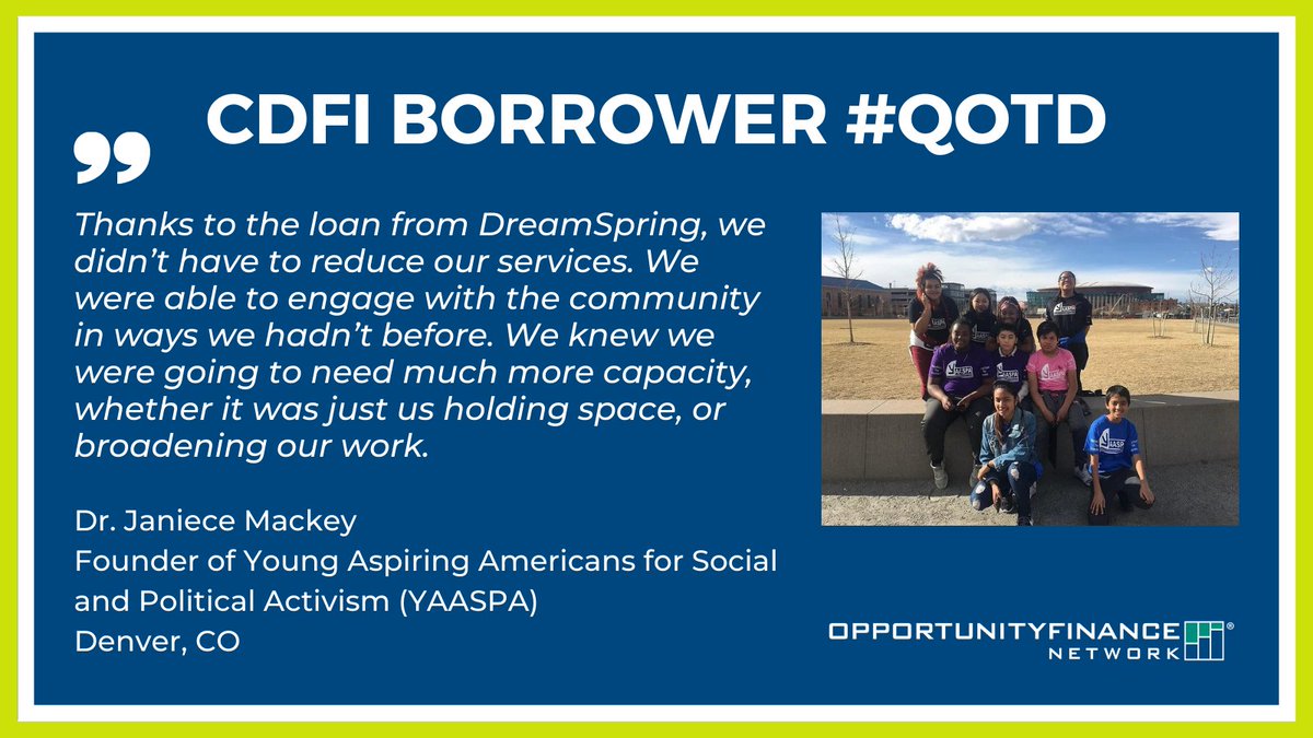 OppFinance's tweet photo. Quote of the day from Dr. Janiece Mackey, founder of @yaaspa in Denver, CO. Learn how @DreamSpringUS helped YAASPA increase engagement with community members when they needed it most: https://t.co/vziS7dpNpf #QOTD #CDFIstory #FinanceJustice https://t.co/3e4ed5YptV
