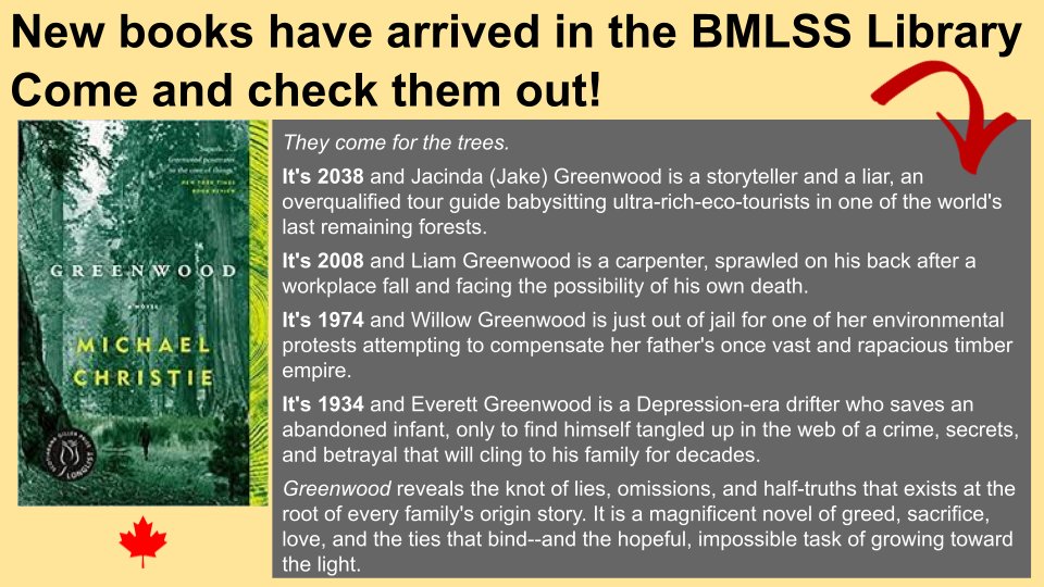 BMLSSLibrary's tweet image. Come to the library and check out Greenwood by Canadian author Michael Christie. #tldsbreads #bmlsslearns