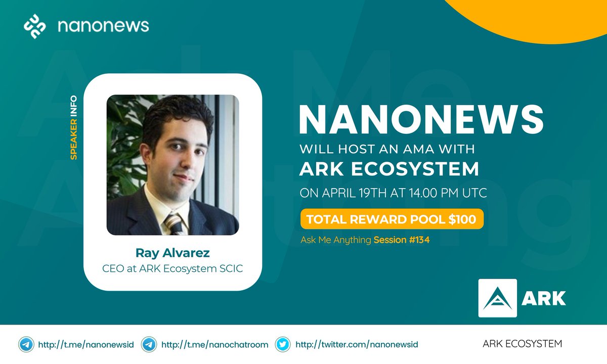 NanoNewsID's tweet photo. NanoNews will host #AMA with Ark Ecosystem on 19 April 2022 at 14:00 UTC 

💰Rewards Pool : $100 USDT
Venue 🏠 
https://t.co/sD0iYEPbxG 

Rules: 
1⃣ Follow @NanoNewsID &amp; @ArkEcosystem
2️⃣ Join https://t.co/sD0iYEPbxG
3️⃣ Like &amp; Retweet 
4️⃣ Comment Questions &amp; Tag 3 Friends https://t.co/Kgzpht8sIa