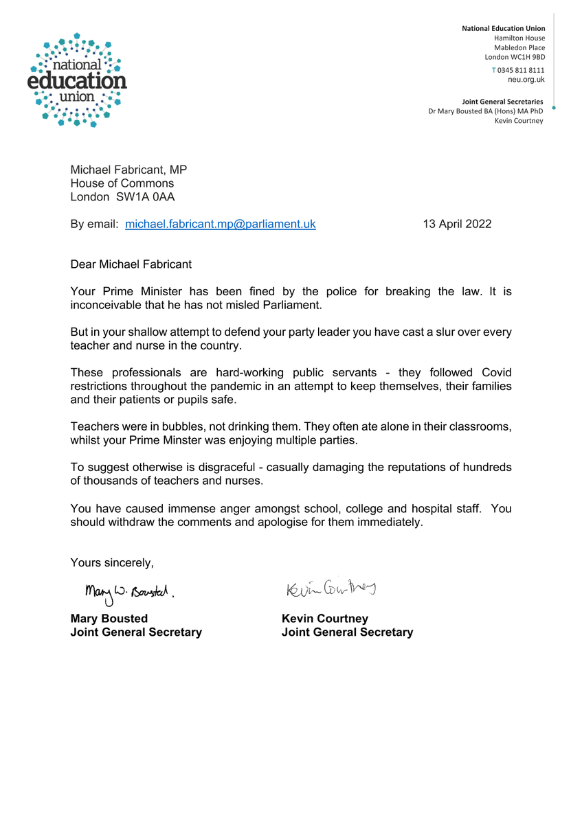 <a href="/cyclingkev/">Kevin Courtney</a> and @MaryBoustedNEU have written to Michael Fabricant demanding he withdraw his disgraceful comments slurring teachers and nurses.