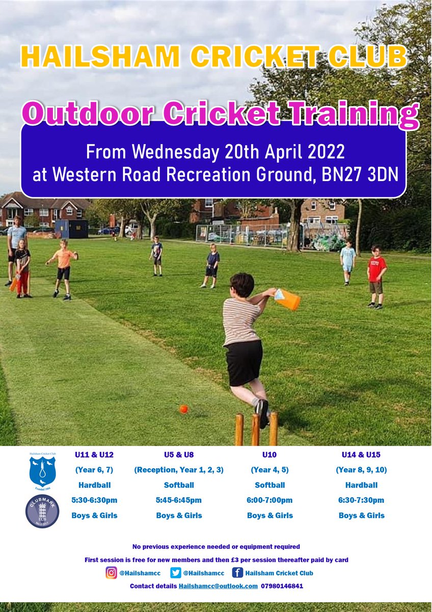 💥 Junior Outdoor Training 💥

🔵 Starts next Wednesday 20th April
🟡 All sessions at The Recreation Ground BN27 3DN
🔵 Open to boys and girls aged 4-15
🟡 First session free, then £3 PAYG
🔵 No experience or equipment needed

HailshamCC@outlook.com