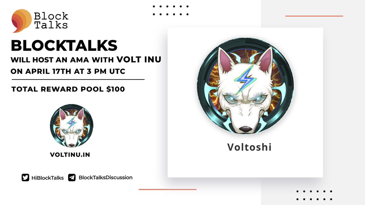 fourtisann's tweet photo. Hey Folks 🎉

BlockTalks will hold an AMA with @VoltInuOfficial on April 17th at 3 PM UTC in BlockTalksDiscussion 💬

Follow :
@HiBlockTalks
@VoltInuOfficial 

Like, Retweet &amp; comment your question below. (Please don't tag anyone in your question. Maximum 2 questions each person) https://t.co/PJzP6CDAR8