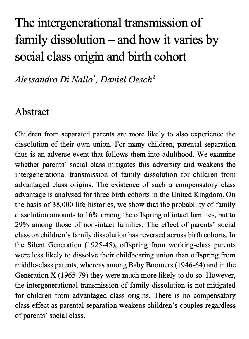 dial_research's tweet photo. New DIAL working paper by @aledinal and #DanielOesch. Their research investigates whether the social class of divorced parents has any bearing on the likelihood of their children also getting divorced.
👉https://t.co/QDjTKzKmKw
#CRITEVENTS @NORFACE_network @snsf_ch https://t.co/SFsprjrc8L