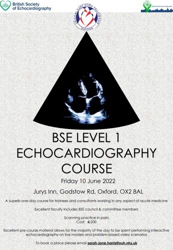 The team at Oxford Critical Care will be running the FoE <a href="/BSEcho/">BSEcho</a> Level 1 course on Friday 10th June. Please e-mail sarah-jane.harris@ouh.nhs.uk to book.