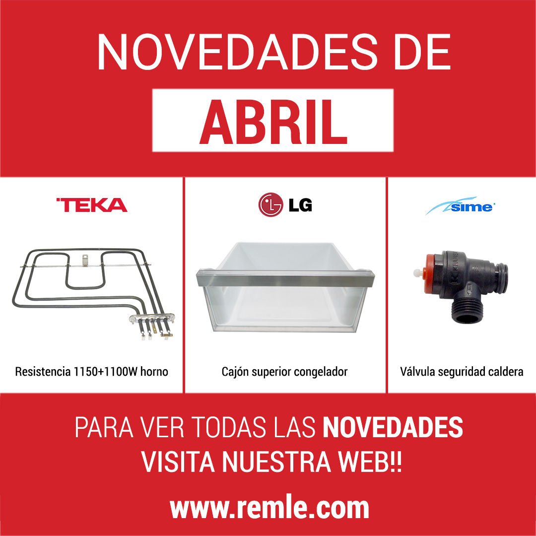 Este mes de Abril trae nuevas piezas de recambio!

Cajones de nevera y congelador, resistencias para el horno, válvulas de seguridad y bombas de circulación para la caldera... Del modelo y marca que necesites! 

Para más información, visita nuestra web!
remle.com