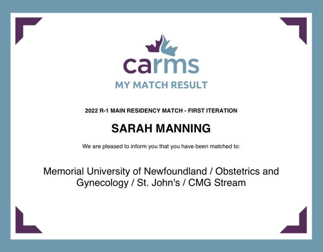 Sarah Manning (@smanning709) on Twitter photo I am going to be an OBGYN!!! I am so excited to have successfully couples matched to my dream specialty and to be able to continue my training at <a href="/MUNMed/">Faculty of Medicine</a>! #CARMS2022 I am going to be an OBGYN!!! I am so excited to have successfully couples matched to my dream specialty and to be able to continue my training at <a href="/MUNMed/">Faculty of Medicine</a>! #CARMS2022