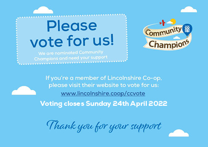We've been shortlisted to be the Community Champions in the Central Newark area.
Voting takes place online until Sunday 24 April. To vote please visit lincolnshire.coop/ccvote.
Anyone who has a dividend card for Lincolnshire Co-op can vote, so please support the festival.