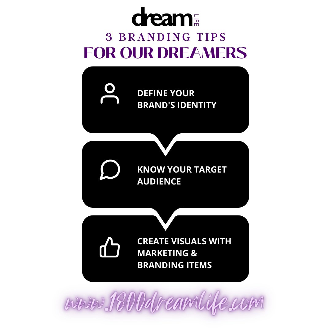 1800DreamLife's tweet photo. Heyyy Dreamers: Describe your brand with one word? Who's your audience? What branding items do you currently have?

These are 3 tips to help you with #branding in your business! 

#WinningWednesday #DreamsAreReal #DreamLifeorNoLife #DreamsAreForever #BrandYourDreams #BrandingTips https://t.co/z121Z0rq5N