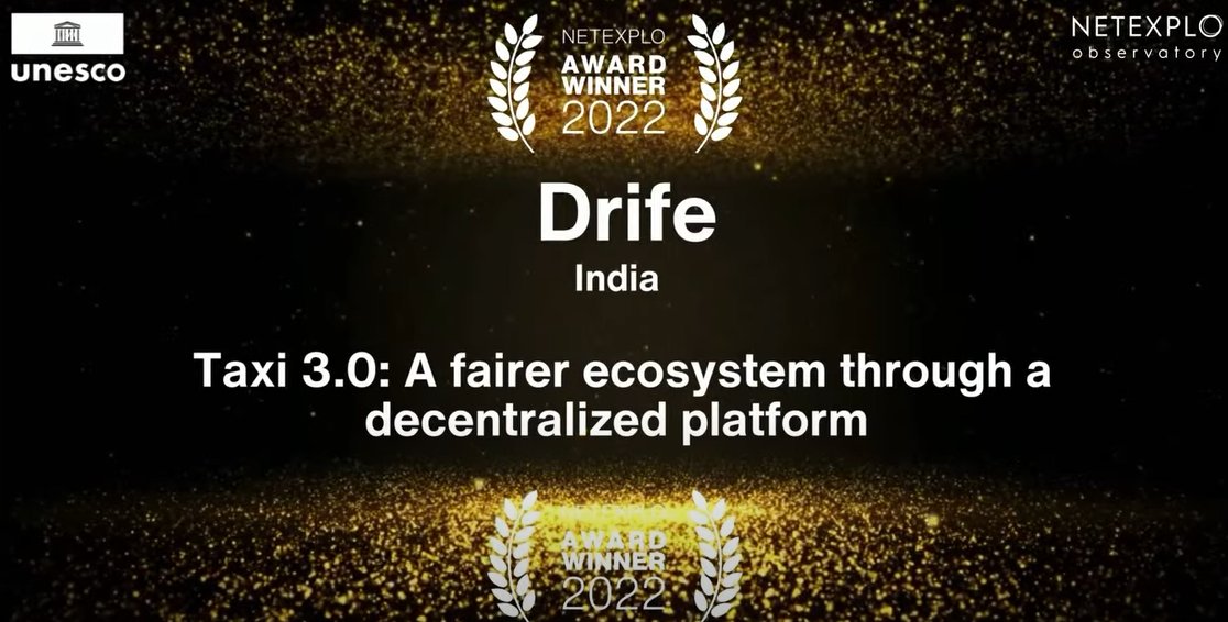 We are proud to share that we won the Netexplo Innovation Award at the #InnovationForum by @Netexplo & @UNESCO! 🏆

DRIFE was selected one among the 3000 innovations projects worldwide for creating a fairer ecosystem through a decentralized platform 🚘 

#TechForGood #innovation