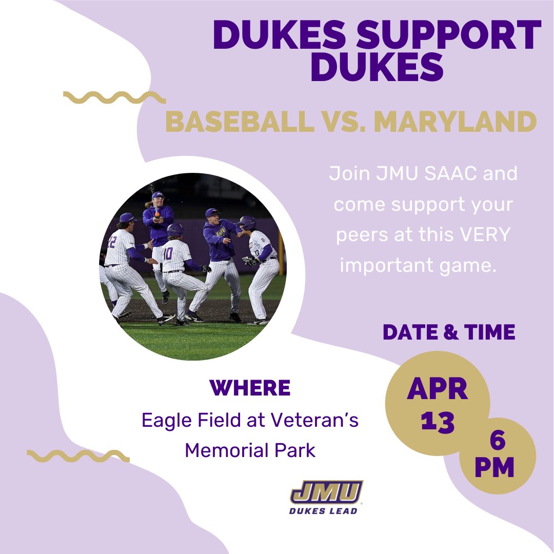 Dukes Support Dukes⚾️

<a href="/JMUBaseball/">JMU Baseball</a> vs Maryland 

GAME TIME: 6:00pm 

#godukes
