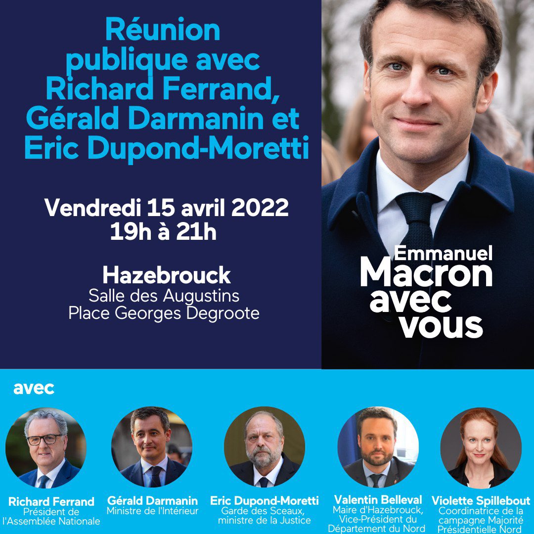Belleval Valentin (@bellevalv) on Twitter photo Vendredi soir, @RichardFerrand <a href="/GDarmanin/">Gérald DARMANIN</a> et <a href="/E_DupondM/">Eric Dupond-Moretti</a> seront à @hazebrouckmaville pour répondre à vos questions et parler du projet qu’@emmanuelmacron souhaite porter pour les 5 prochaines années. Vendredi soir, @RichardFerrand <a href="/GDarmanin/">Gérald DARMANIN</a> et <a href="/E_DupondM/">Eric Dupond-Moretti</a> seront à @hazebrouckmaville pour répondre à vos questions et parler du projet qu’@emmanuelmacron souhaite porter pour les 5 prochaines années.