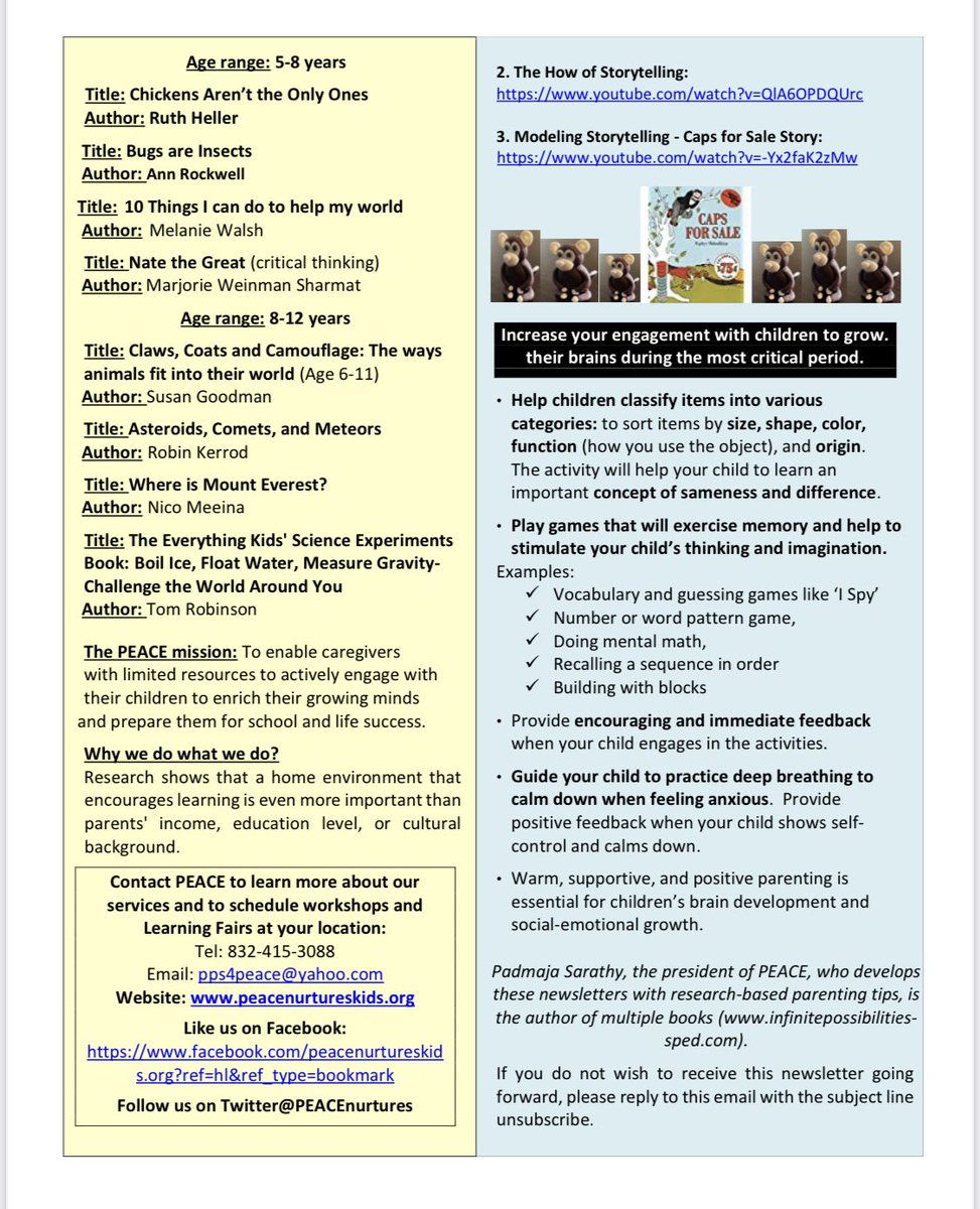 Enjoy our April-May Newsletter with Research Facts on Advancing Children's Growing Brain, Caregiver Nurturing Tips and a Listing of Virtual Events Offered by PEACE in May
