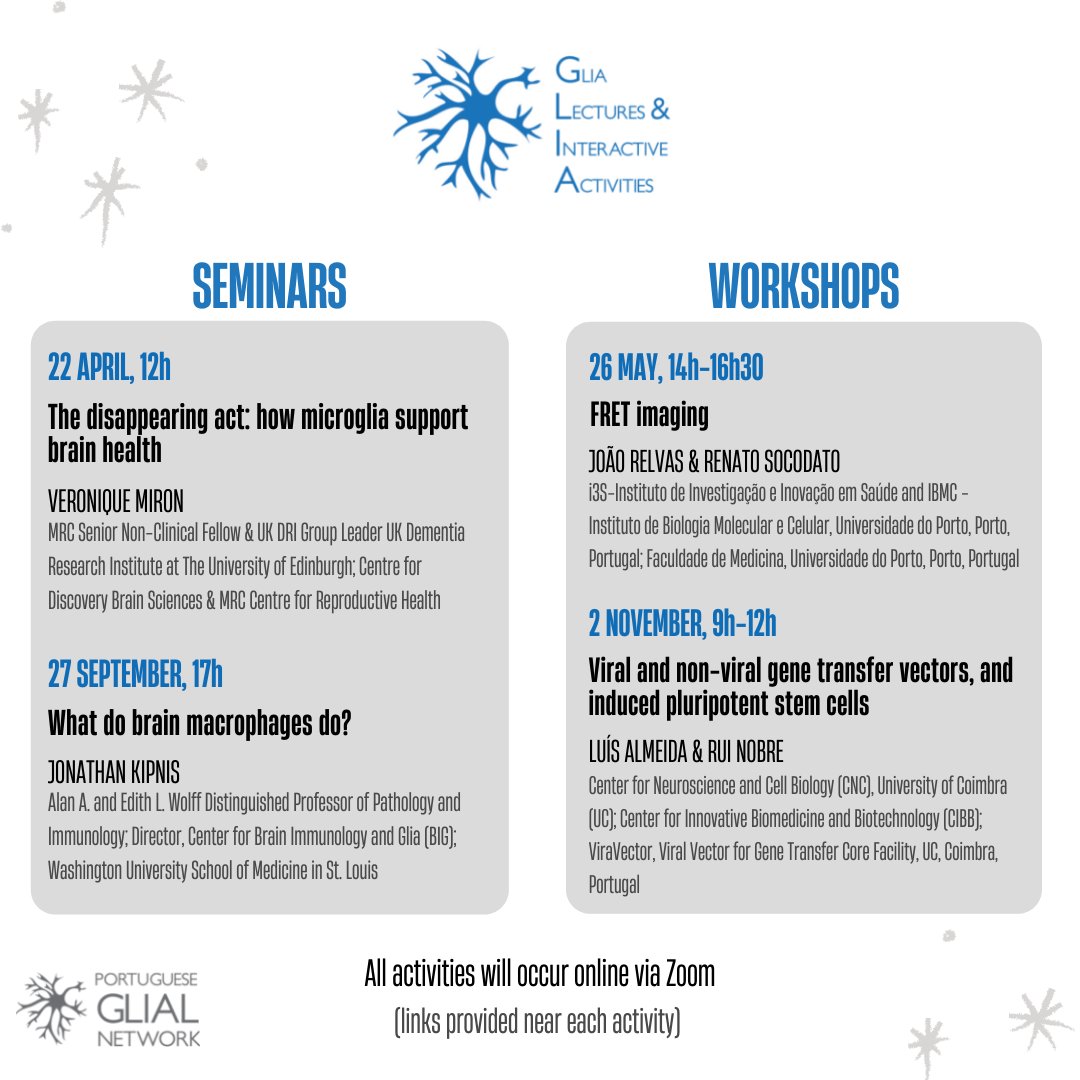 GlialRede's tweet photo. We are happy to announce a new initiative promoted by PT Glia network!!! The GLIA sessions will occur online via Zoom and open to the community. Save the dates!!! Stay tuned for more information!!! #ptglia https://t.co/P0lHwn62mP