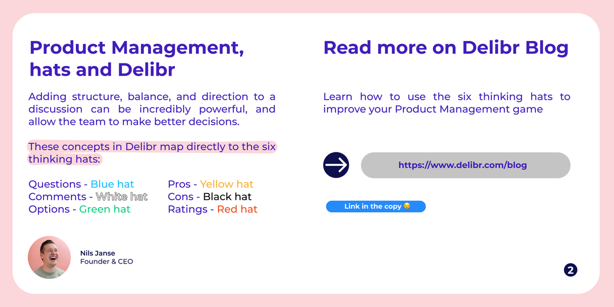 De Bono's six thinking hats are of great help when facilitating team discussions and can be implemented directly in Delibr 👉 delibr.com/post/everybody…

Funny fact: a few years ago we even bought six hats of different colours, so that we could put them on in meetings! 😆