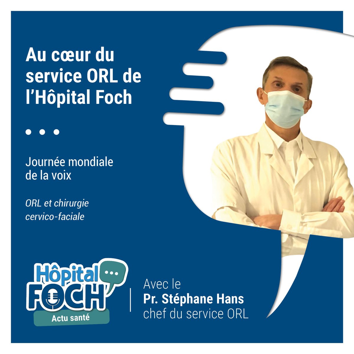 HopitalFoch's tweet photo. #1🎙️Au cœur du service ORL de l’Hôpital Foch

📢À l'occasion de la journée mondiale de la #voix du 16 avril, retrouvez dans ce 1er épisode, le Pr Hans qui vous présente le service ORL et l’unité de laryngologie, véritable pôle d’excellence de l’hôpital.

https://t.co/qL6qLBD9iw https://t.co/RTKxJbhOrr